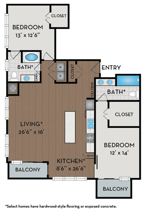 A floor plan of a home with two bedrooms, a living room, a kitchen, a balcony, and two bathrooms.